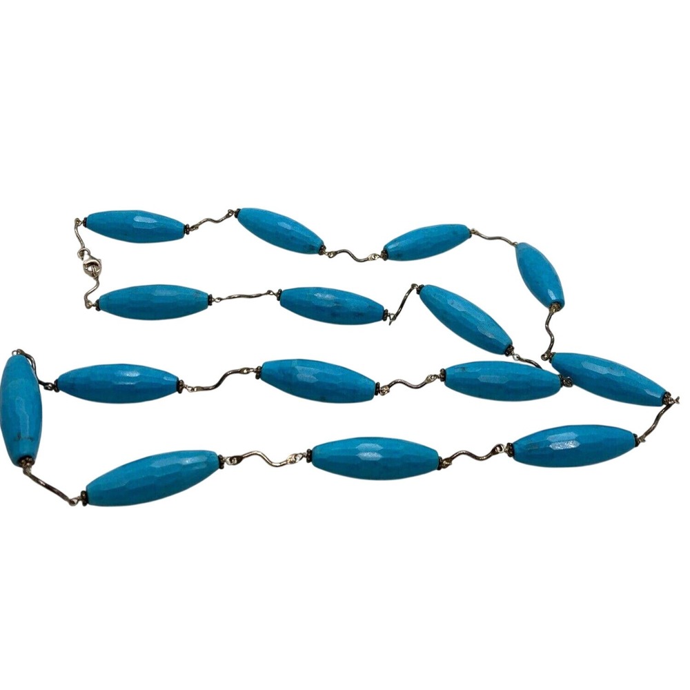 Vintage 37'' Beaded Faceted Blue Howlite Stone Necklace Sterling 925 Silver 108g